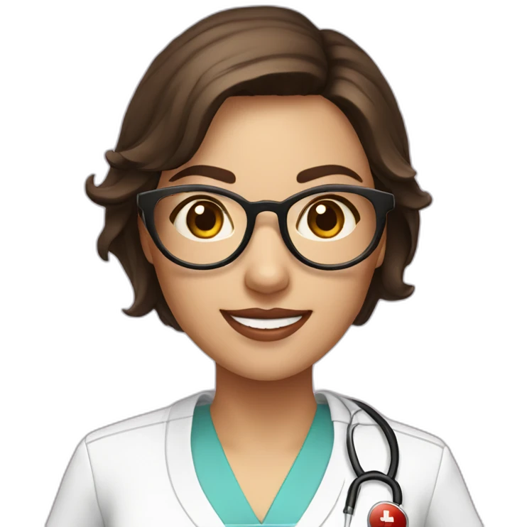A single smart female nurse with uniform with golden round glasses with short dark brown hair with beautiful smile and pinky lip emoji
