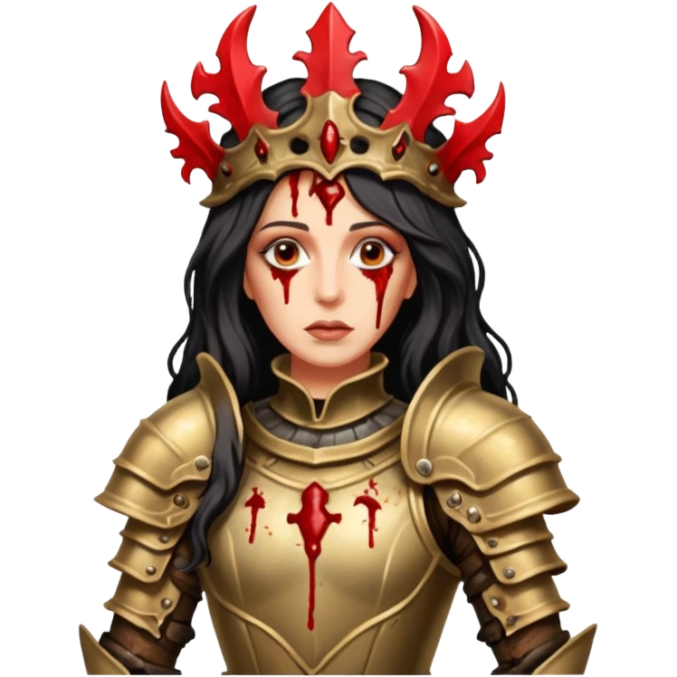 realistic cinematic actress Cher in baroque styling like Joan of Orleans dirty bloody damaged armor in a forest emoji