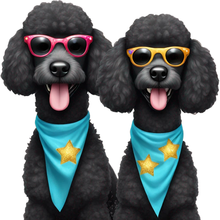 Two BLACK poodles wearing sparkling sunglasses with a big smile. Also with a bandanna around its neck. Both Dogs needs to be all black emoji