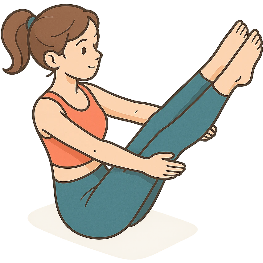 girl in cute yoga outfit performing boat pose (Navasana), 2D isometric style, very detailed drawing, shadows and highlights, clean contours, soft lighting, transparent background emoji