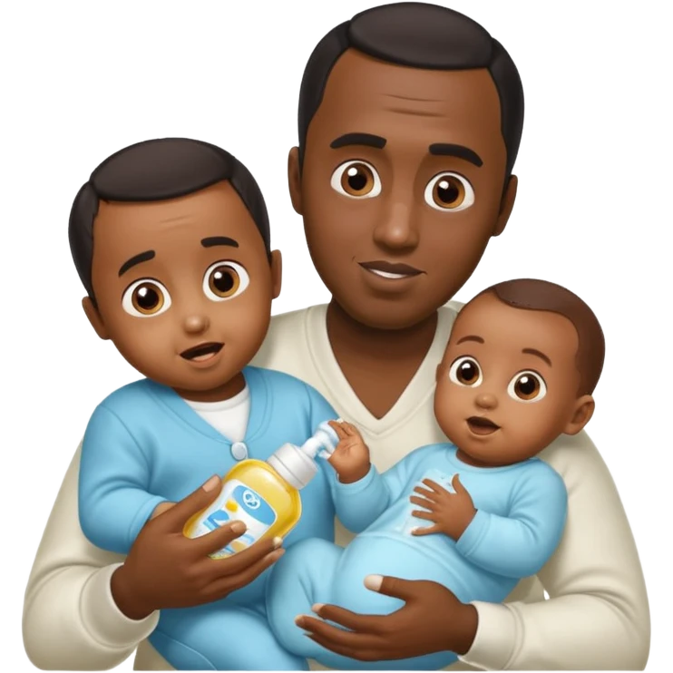Sean “Diddy” Combs with baby oil and a very small infant and he’s pouring the baby oil on the baby and they have a scared face they’re really scared while diddy is happy emoji