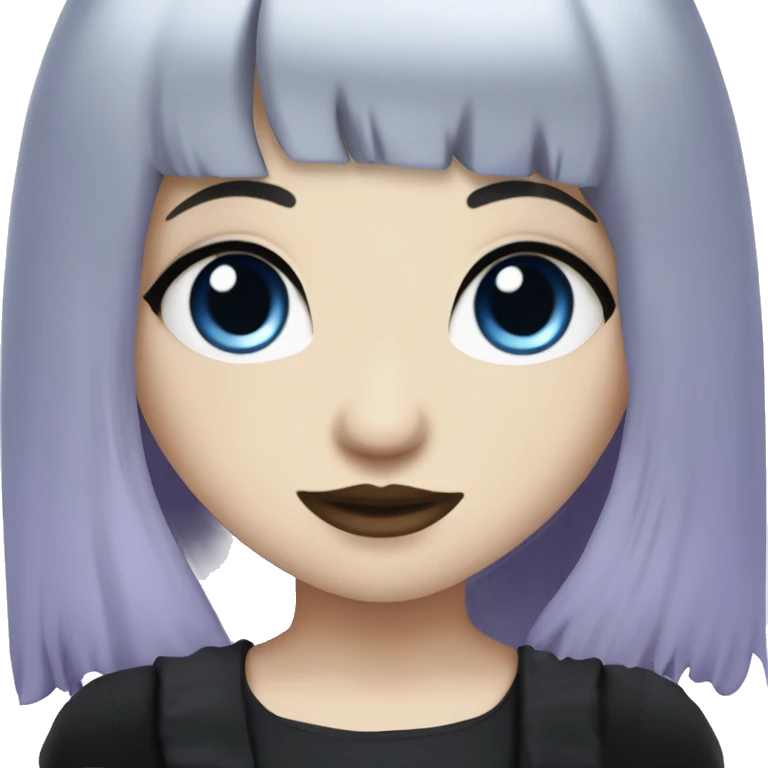 gothic girl, pale skin, blue eyes, long hair, deep purple hair, bangs, black clothes, eyeliner, mole above left upper lip emoji