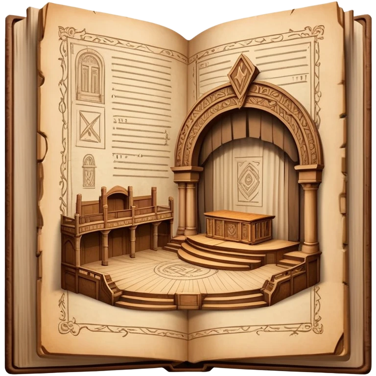Ancient book with pages open wide displaying multiple theatrical set sketches, perspective drawings of stage designs, backdrop illustrations with Puerto Rican symbols integrated, wooden cover edges emoji