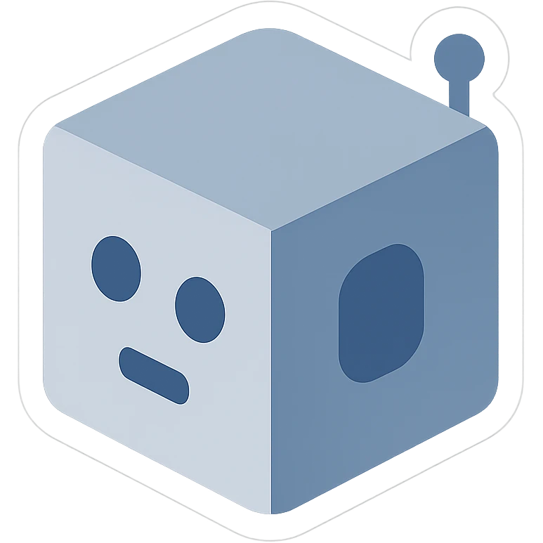 A gray-blue robot cube sticker for IT CUBE Computer Center, inspired by the attached logo emoji