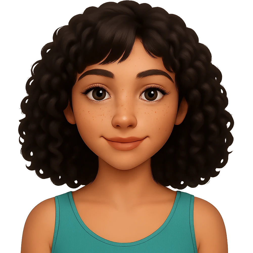 Make the hair wavy and black, with bangs more on the right side. Change the skin tone to almond. Keep the expression warm, friendly, and calm, with freckles and a glowing complexion. Preserve the transparent background. emoji