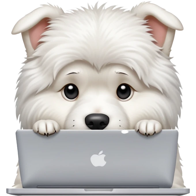 A busy white dog typing on a laptop looking stressed and overwhelmed emoji