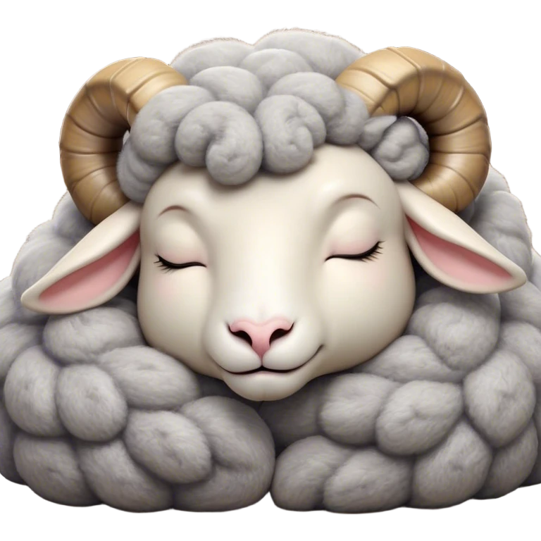 Meme-Worthy Cute Sleeping Ram Portrait Emoji, Head resting peacefully with a contented smile, showcasing a robust build and a luxuriously soft woolly grey fur with gently curled horns, eyes shut in a serene, restful nap, Simplified yet hilariously adorable features, highly detailed, glowing with a soft, drowsy light, high shine, relaxed and utterly lovable, stylized with an air of playful laziness, bright and heartwarming, soft glowing outline, capturing the essence of a comically sleepy ram, so meme-worthy it feels like it could instantly become the next viral sensation of adorable slumber! emoji