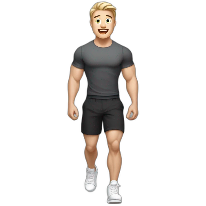 amazed Open with surprise mouth Pale skinned Fit Man With the biceps and dark brown hair in black shirt, gray sports shorts and white Sneakers emoji