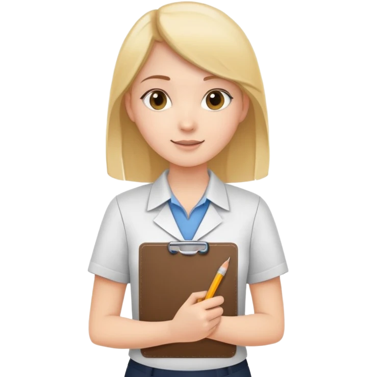 intern or volunteer holding a clipboard and pencil, ready to take notes or assist. The character wears a simple shirt and has an eager posture emoji