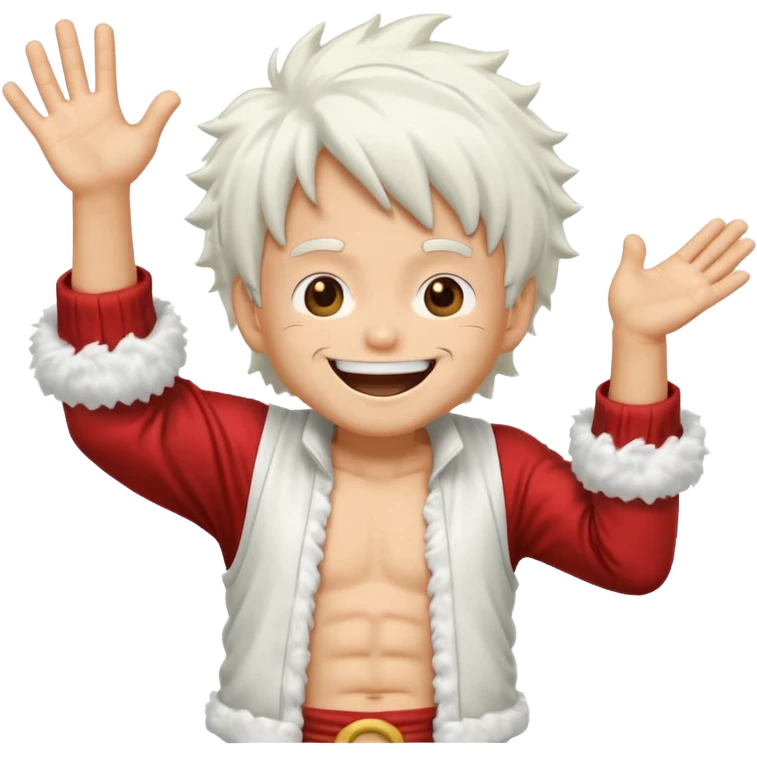 a joyful cartoon-style emoji of Luffy as a laughing character with wild, fluffy white hair, and a glowing white outfit. The character should have a big open smile, one hand on its face in laughter , and be in a dynamic mid-air pose with bent legs, as if carefree and floating. emoji