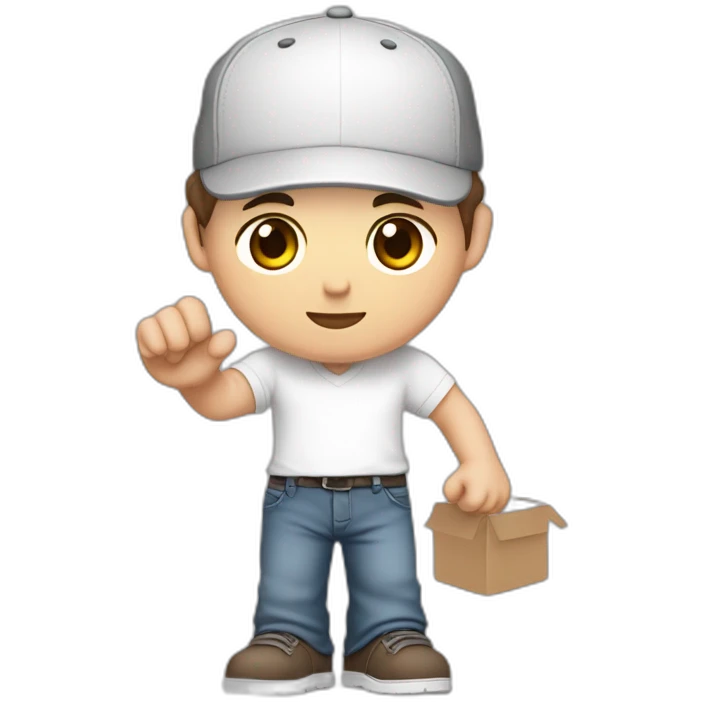 Pale skinned fit Man with dark brown hair in a light gray cap, dark brown jeans, brown polo and white T-shirt keeping a pasted with tape white box into his hands emoji