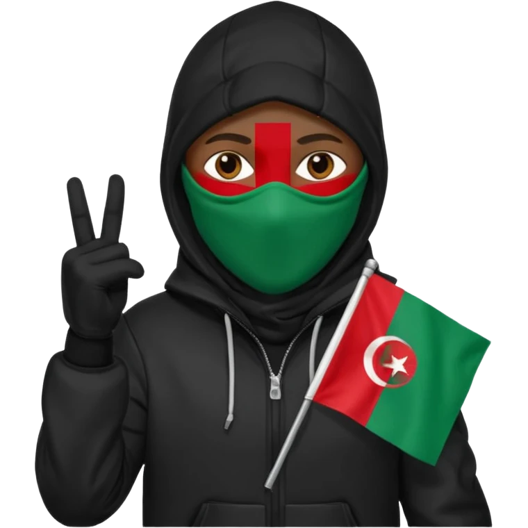 fait une personne habiller tout en noir avec une veste et une capuche et une cagoule qui tient un drapeua d'algerie dans sa main droite emoji