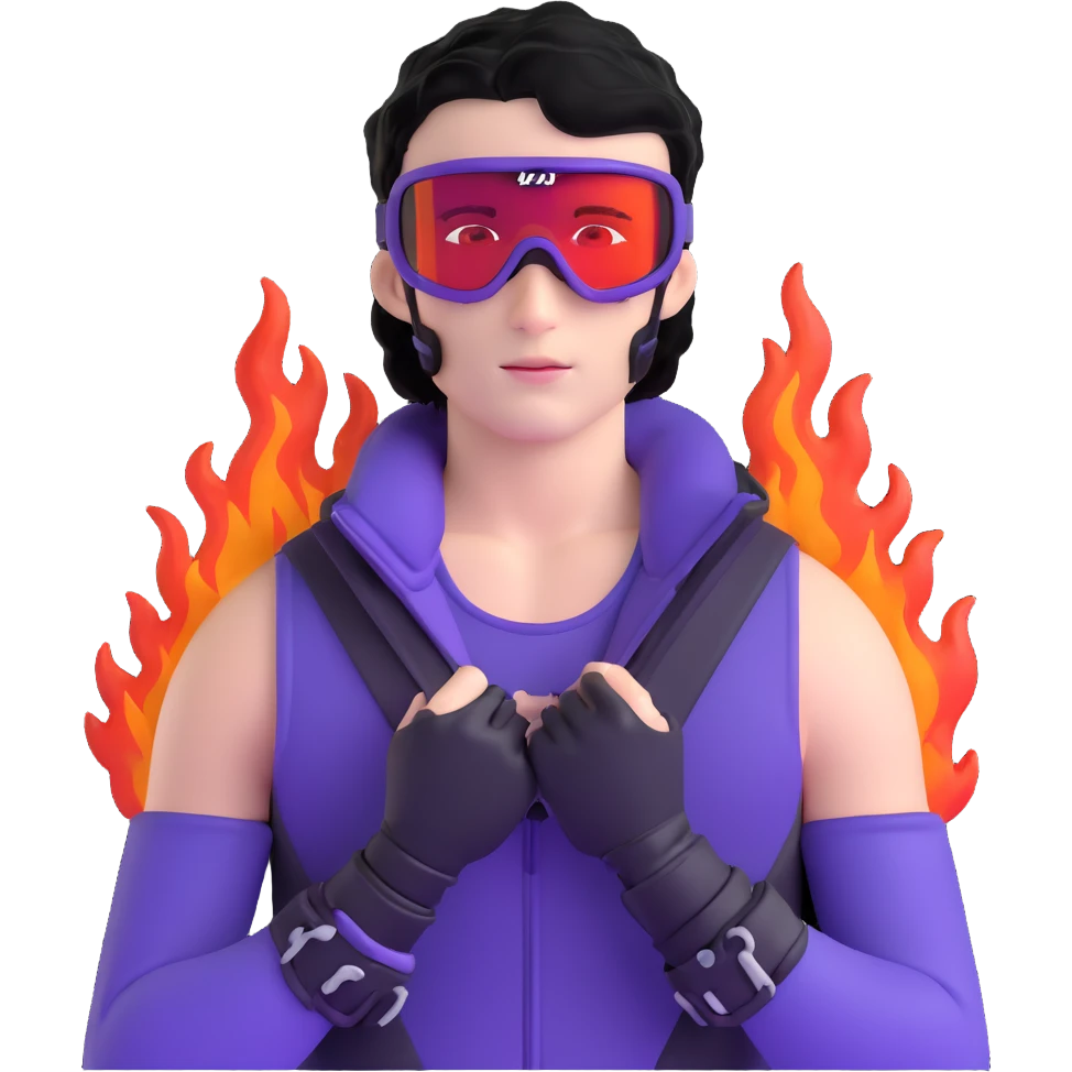 male athlete with white skin and moderately curly black hair on top with shaved sides, wearing ski goggles with purple frames and very dark black lenses, a simple plain black chain necklace, and a completely unzipped sleeveless vest with purple and black sequin fire pattern design, fully revealing his chest, shoulders and arms, no earrings emoji