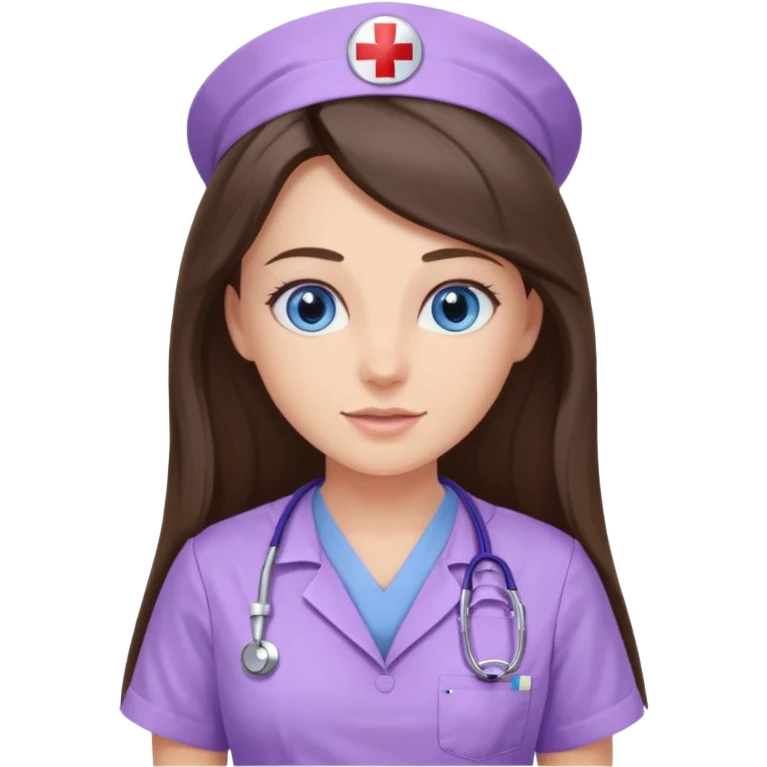 pretty brunette nurse with long hair and blue eyes in lilac scrubs emoji