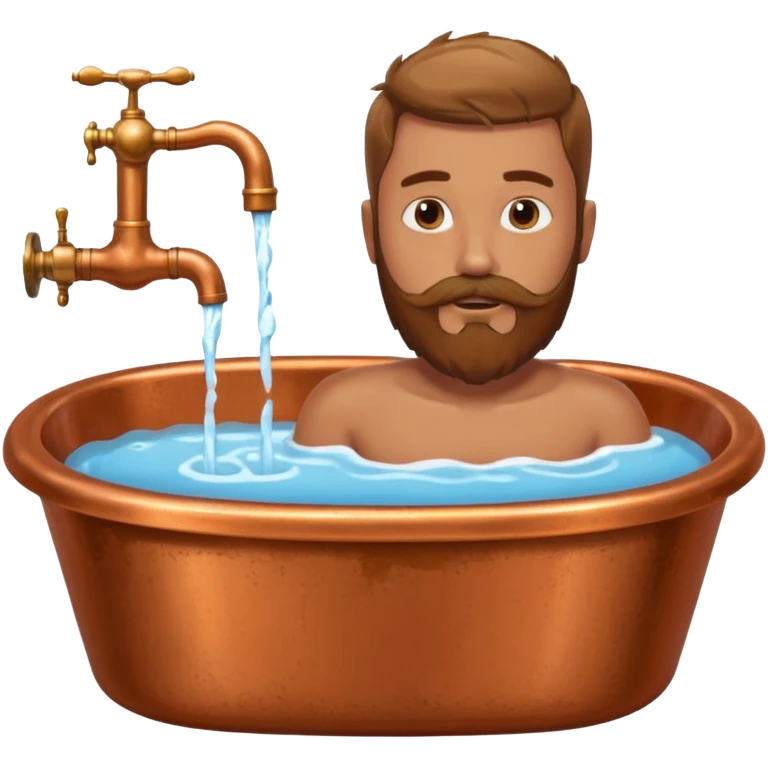 Man with beard lying in copper bath with water running from taps emoji