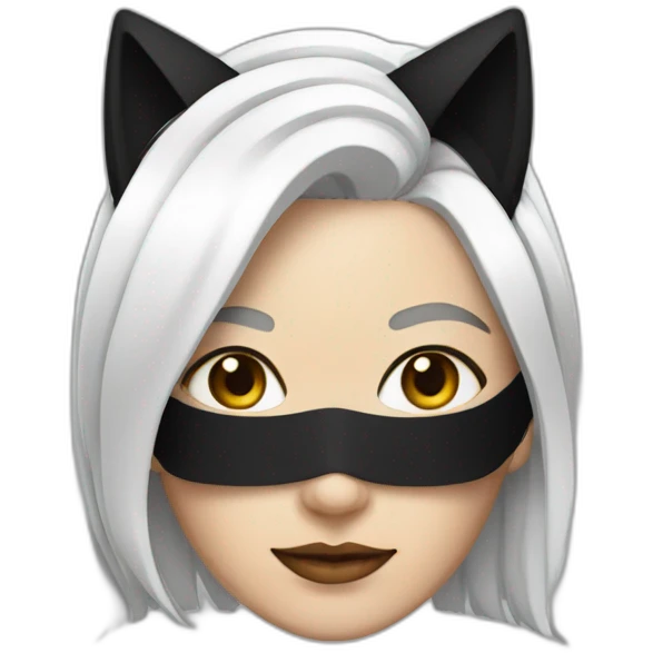 A woman with white hair and cat ears and a black mask around her eyes has white skin  emoji