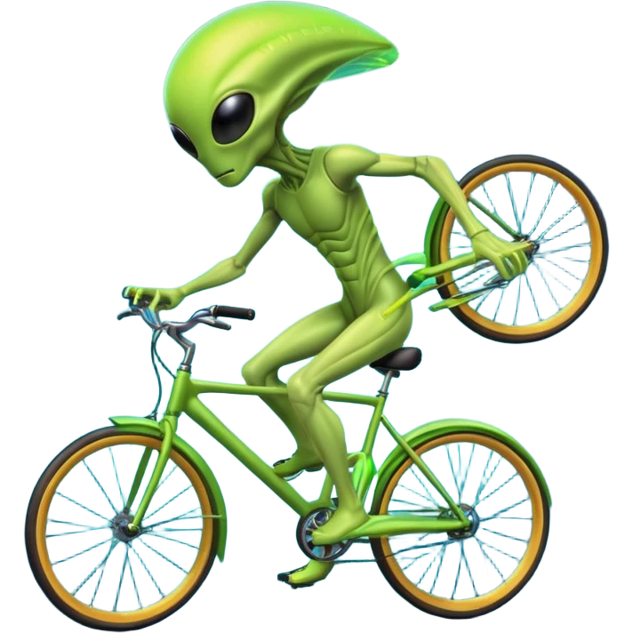 energy alien riding a bicycle, glowing light body, floating energy trails, non-physical alien form interacting with bike, fantasy sci-fi vibe, 3D cartoon, mobile game icon style, clean background, no text, no watermark
 emoji