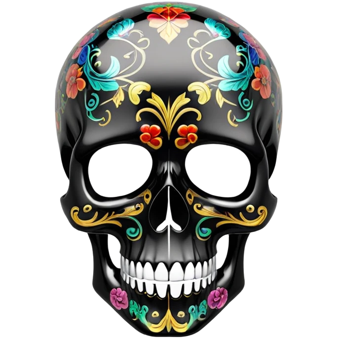 high-end glossy black skull with intricate luxury brand pattern, prismatic color accents inside skull only, professional street art quality, side view emoji