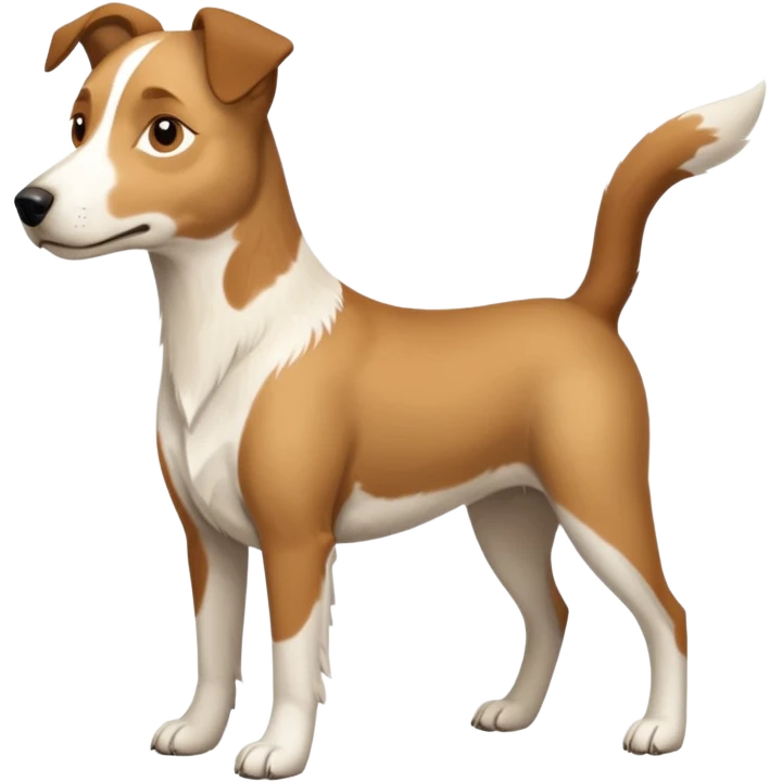 a full body large white parson russell looking dog the size of a kelpie with light brown flapped down ears and a light brown patch on one eye and a large snout emoji