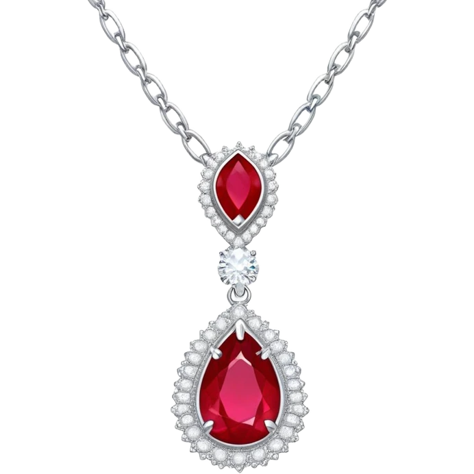 teardrop ruby pendant on silver chain, surrounded by white stones and radiant aura emoji