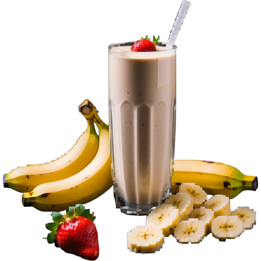 protein shake with banana and strawberries around emoji