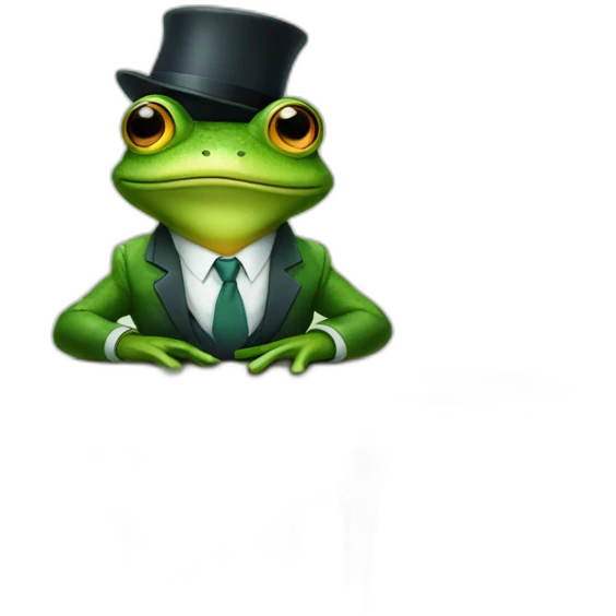 A frog wearing a suit looking straight sitting on a table and wearing a hat emoji