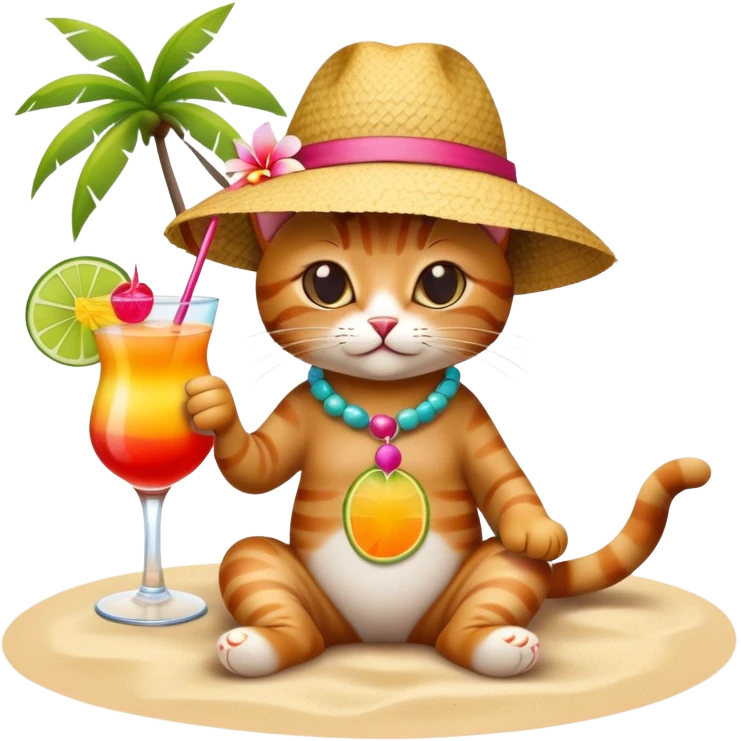 Cat with sunhat relaxing on beach with colorful mai tai cocktail emoji