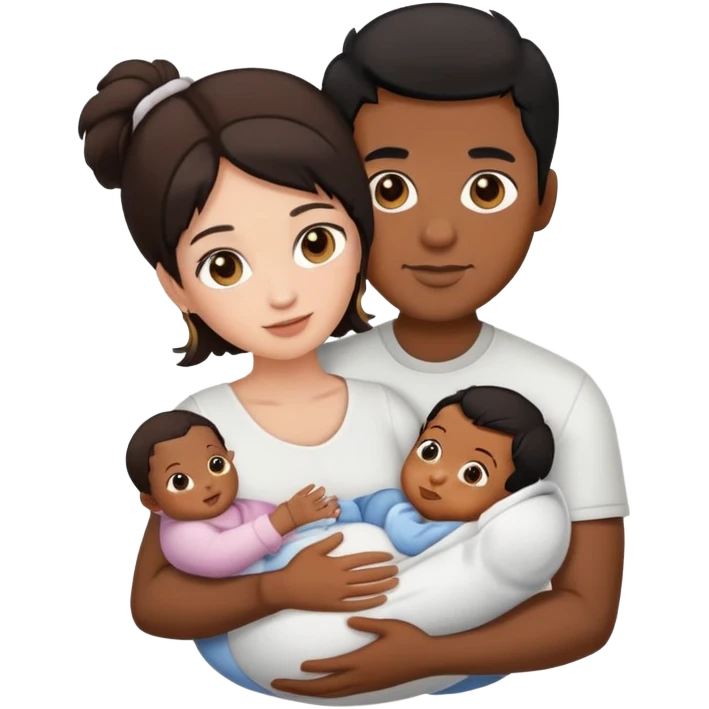 Couple male with brown skin black hair and brown eyes, female with brown hair hazel eyes and white skin holding a baby emoji
