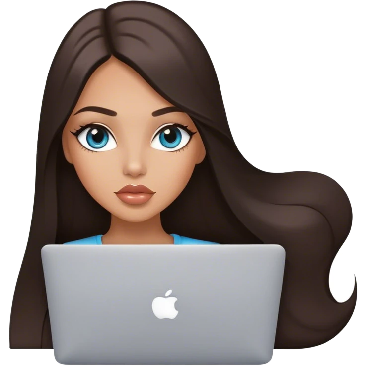 Glamours tanned very beautiful girl with pump peach lips and dark chocolate straight smooth long hair, blue-grey eyes with MacBook emoji
