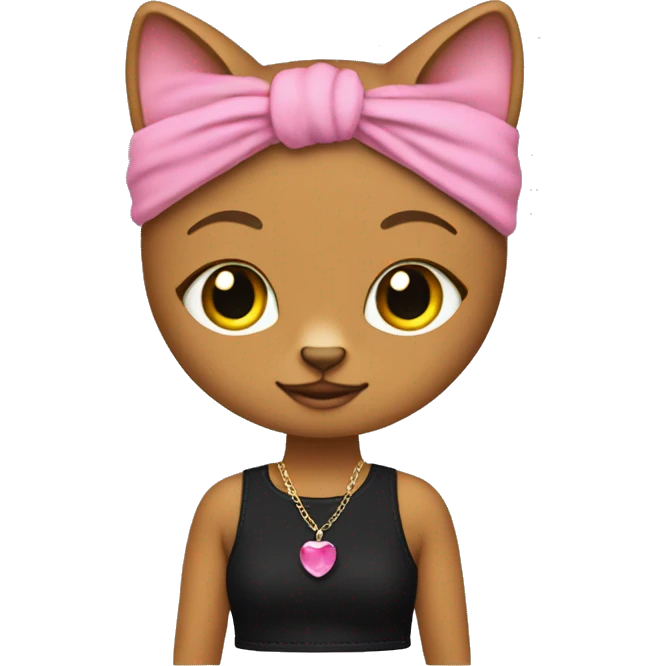 Cat with pink crop top and flared black jeans wearing earrings a neclace and a pink headband emoji