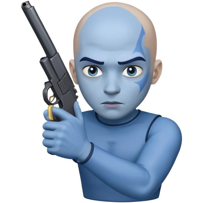 A man with blue skin and bald and has a gun emoji