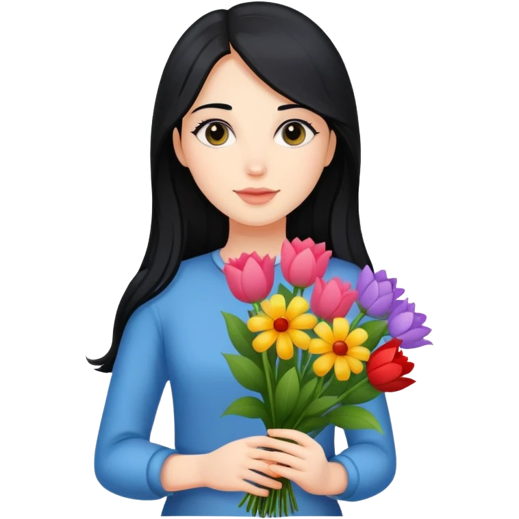 beautiful girl with long black hair holding a bouquet of flowers emoji