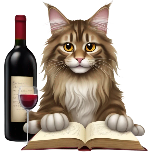 Main coon Reading a book and drinking a wine emoji