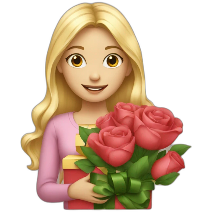 Blond girl with gift and flowers emoji