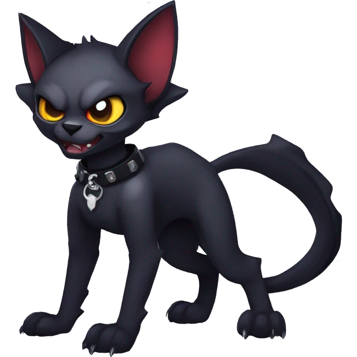  cool edgy anthro dark-themed animal vampiric bat-cat-hybrid Fakemon  with a collar full body emoji