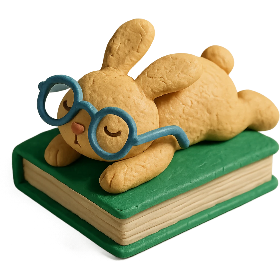 biscuit bunny lying on book with slipping glasses, claymation style emoji