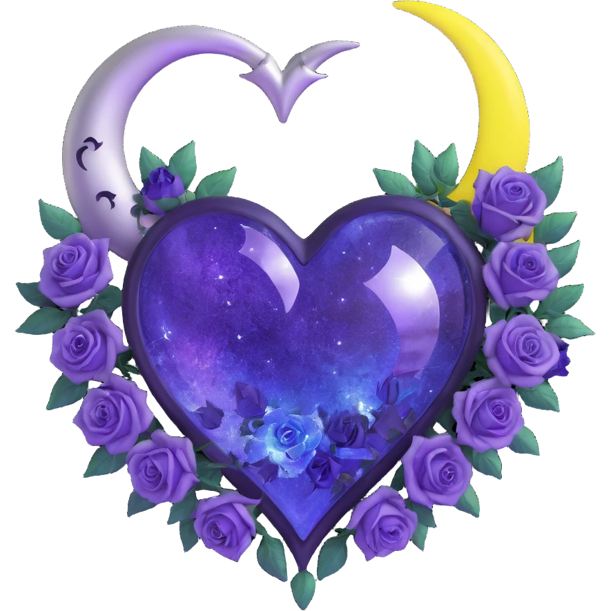 gothic heart made of frosted purple glass, silver crescent moon, glowing indigo roses, holographic stardust, neon white lightning, wet and cracked glass emoji