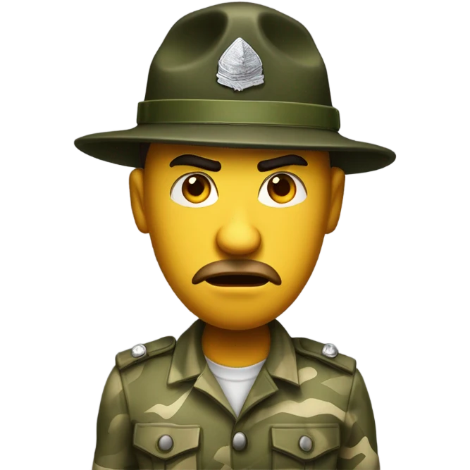 drill sergeant character wearing a classic sergeant hat and a camouflage army shirt. The character should have an angry intense expression. full torso emoji