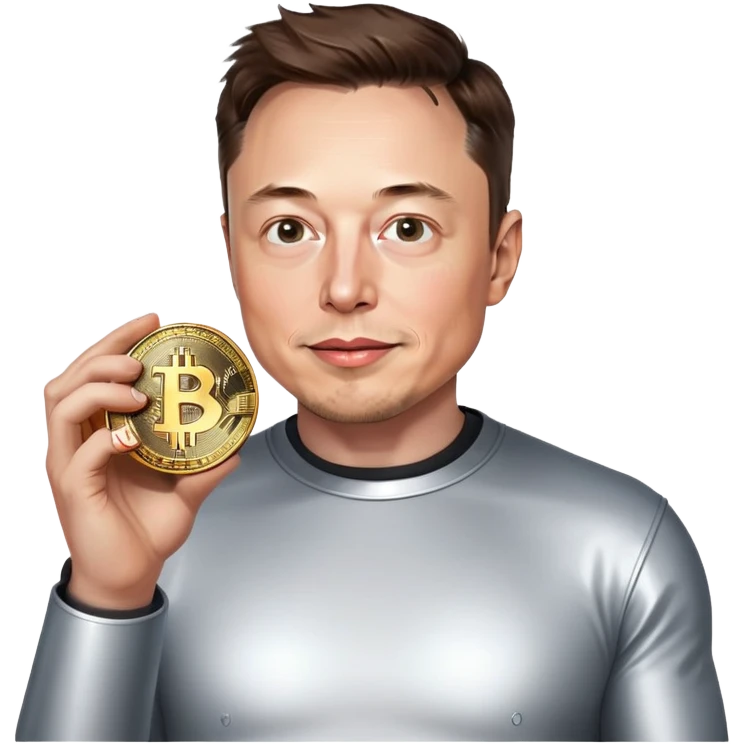 Elon Musk with a Bitcoin coin. emoji