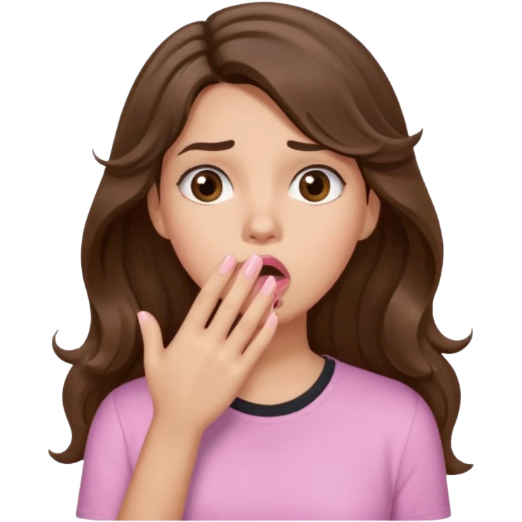 girl with wavy long brown hair, brown eyes, light to medium complexion, long lashes, light pink lipstick, wearing light pink shirt, shocked, hand covering mouth, oh no  emoji