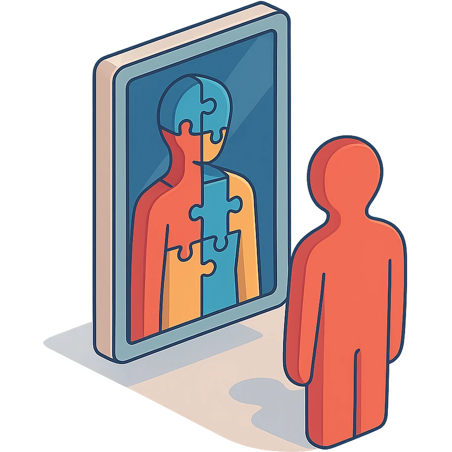A mirror where the reflected body consists of fragments or puzzle pieces, symbolizing the complexity of the inner world. Style: 2D Isometric with clear shadows and highlights, transparent background. emoji