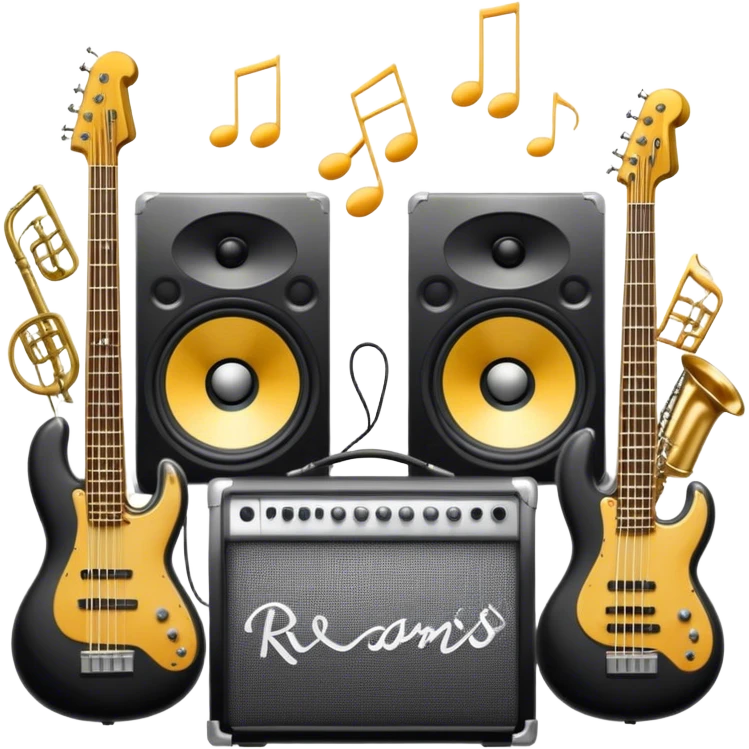 Icon for R&B Music Listening: large concert speakers and headphones with waves of musical notes coming out, along with drums, bass guitar and saxophone. The icon should convey the energetic and rhythmic vibe of R&B music. Transparent background emoji