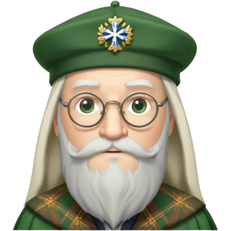 Dumbledore wear green scotland Tam o'shanter cap with decorative patterns, wear glasses, very long beard emoji