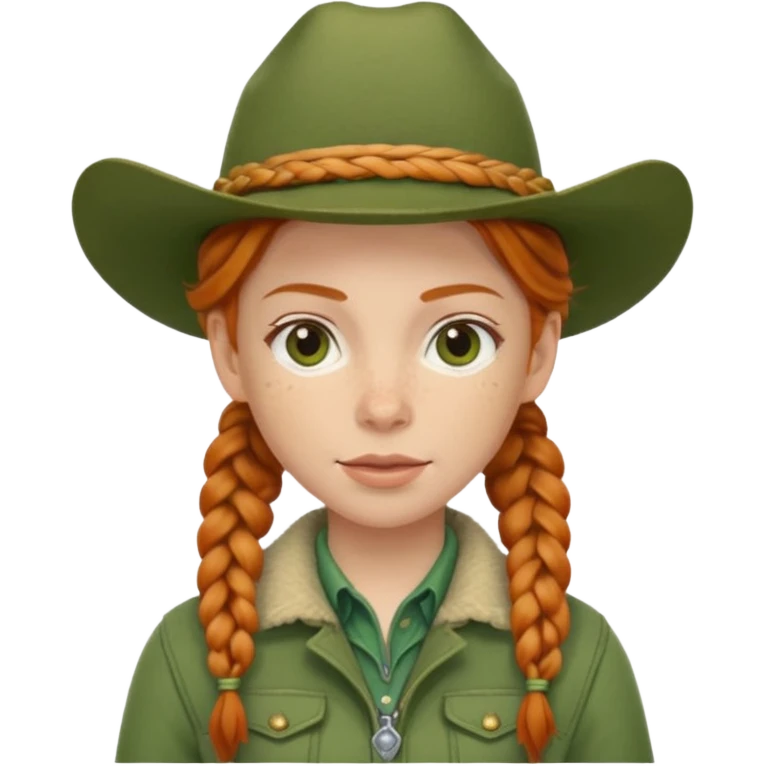 Ginger cowgirl with braids and soft green hat and jacket emoji