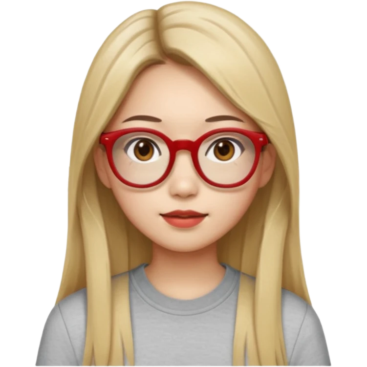 20 yr old asian woman, straight thick long brown hair, blond at tips of dark brown hair, center part to hair, big red glasses, brown eyes, casual shirt emoji