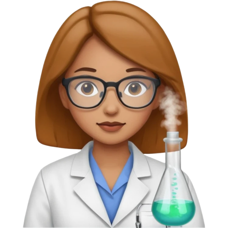 Portrait of a young female scientist wearing a white lab coat, glasses emoji