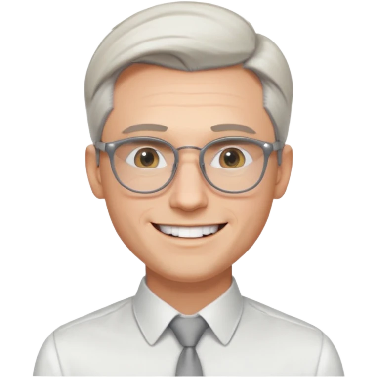 30 yr old pale white man, white/grey side swept stylish hair, round glasses, big smile, white teeth, handsome, longer hair, thin glasses, white dress shirt, smooth forehead, botox, no tie, open collar emoji