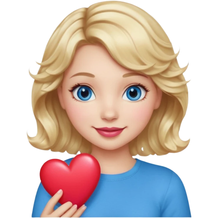Girl Blonde short wavy hair,  blue eyes, cute blue top, long lashes, pink lips, smiling, holding a big heart emoji