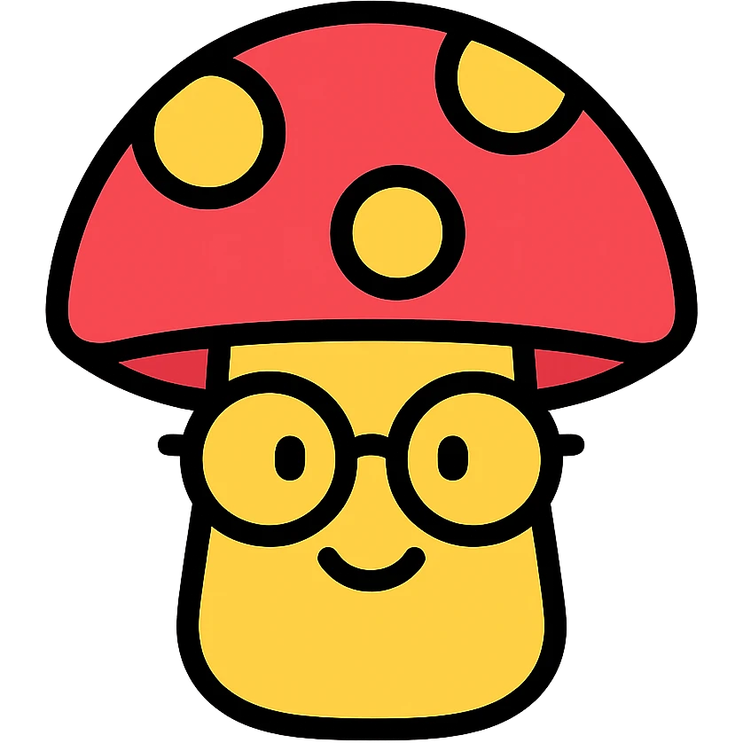 colorful icon of a mushroom with glasses and a smile emoji