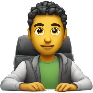 Developer at a desk with monitors showing code, wearing casual clothes, in a modern office with natural light emoji
